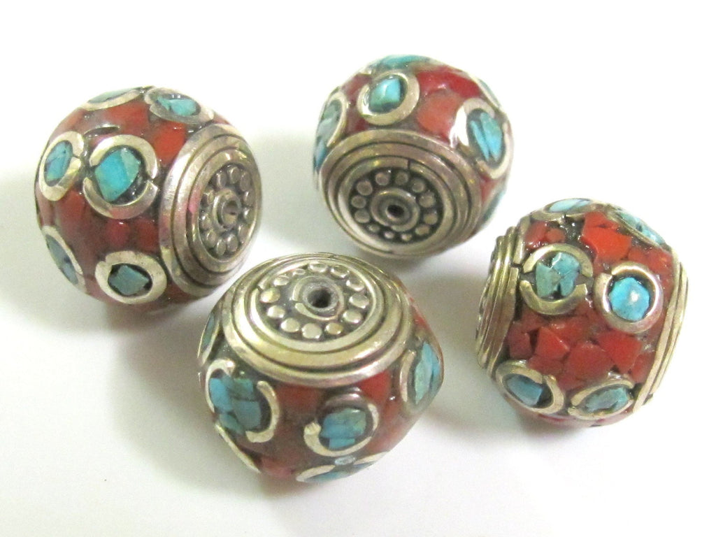2 Beads -Beautiful LARGE and thick Tibetan brass beads thick rondelle shape with Oval turquoise circles - BD281