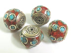 2 Beads -Beautiful LARGE and thick Tibetan brass beads thick rondelle shape with Oval turquoise circles - BD281