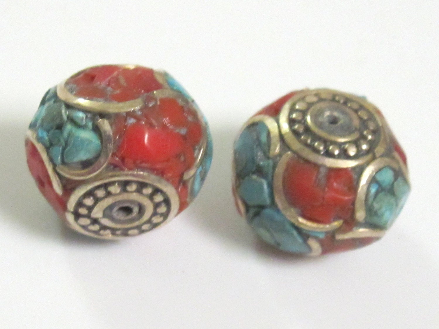 2 Beads-LARGE Tibetan oval shaped brass beads with turquoise inlay - BD299