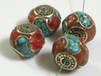 2 Beads-LARGE Tibetan oval shaped brass beads with turquoise inlay - BD299