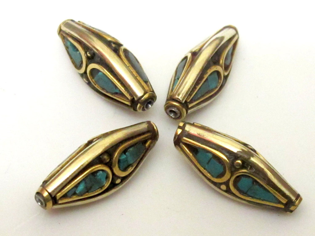 2 Beads - Nepal beads brass with turquoise inlay bicone shape - Nepal beads shop - BD073