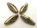 2 Beads - Nepal beads brass with turquoise inlay bicone shape - Nepal beads shop - BD073