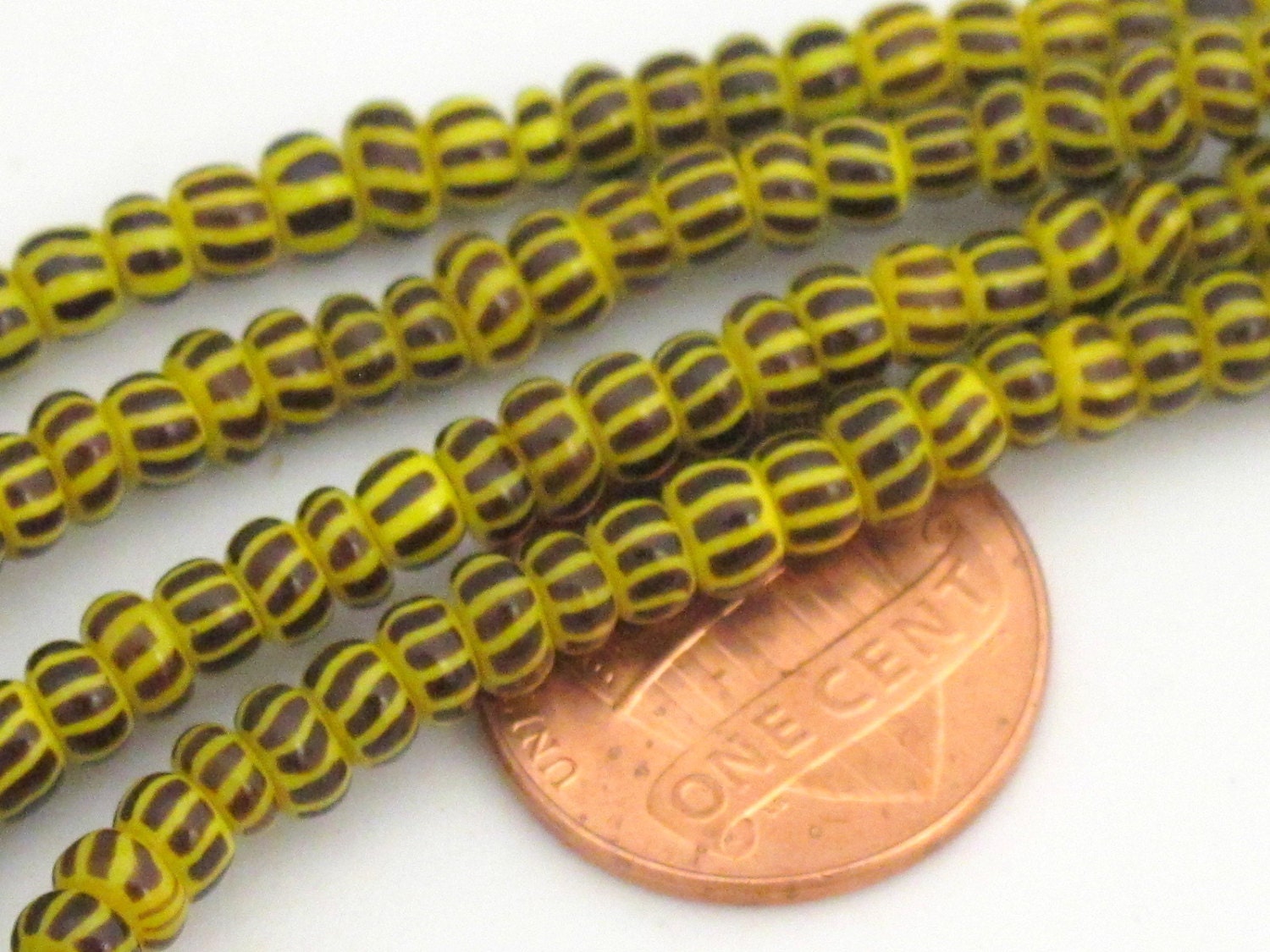 Very Small tiny size African yellow striped african glass beads - 25 beads - BD314