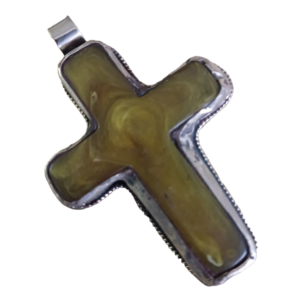 1 Pendant - Tibetan antiqued silver color finished inlaid resin cross pendant with floral design on back from Nepal - PM415B