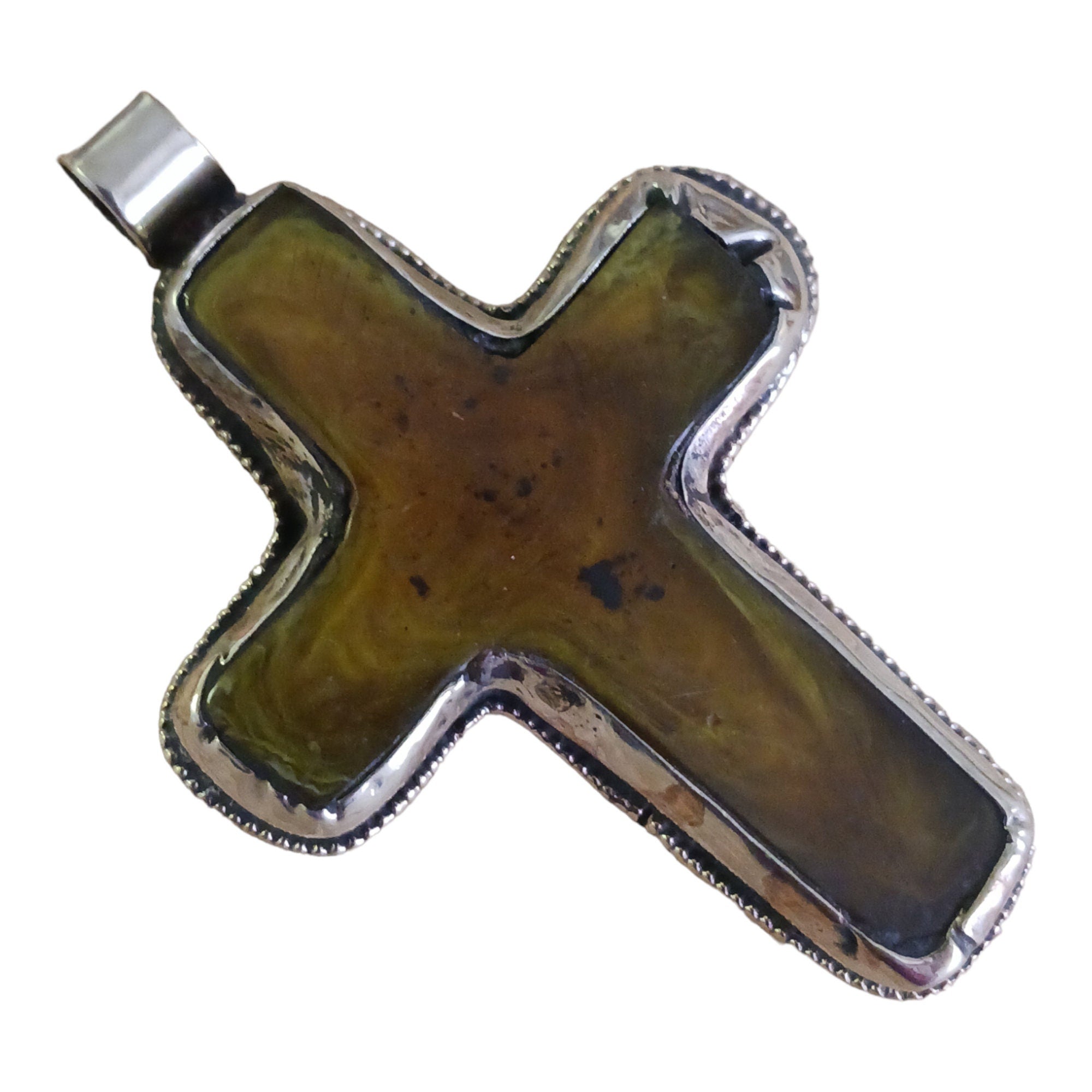 1 Pendant - Tibetan antiqued silver color finished inlaid resin cross pendant with floral design on back from Nepal - PM415B