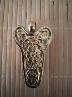 1 Pendant - Large size recycled cattle bone bull head design skull shape pendant with reverse side floral carving design on brass- PM415E