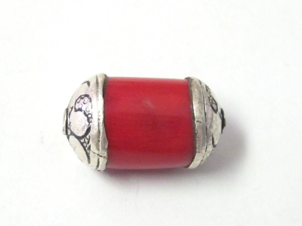 Red Tibetan dyed coral silver capped beads - 1 bead - BD323