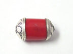 Red Tibetan dyed coral silver capped beads - 1 bead - BD323