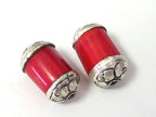 Red Tibetan dyed coral silver capped beads - 1 bead - BD323