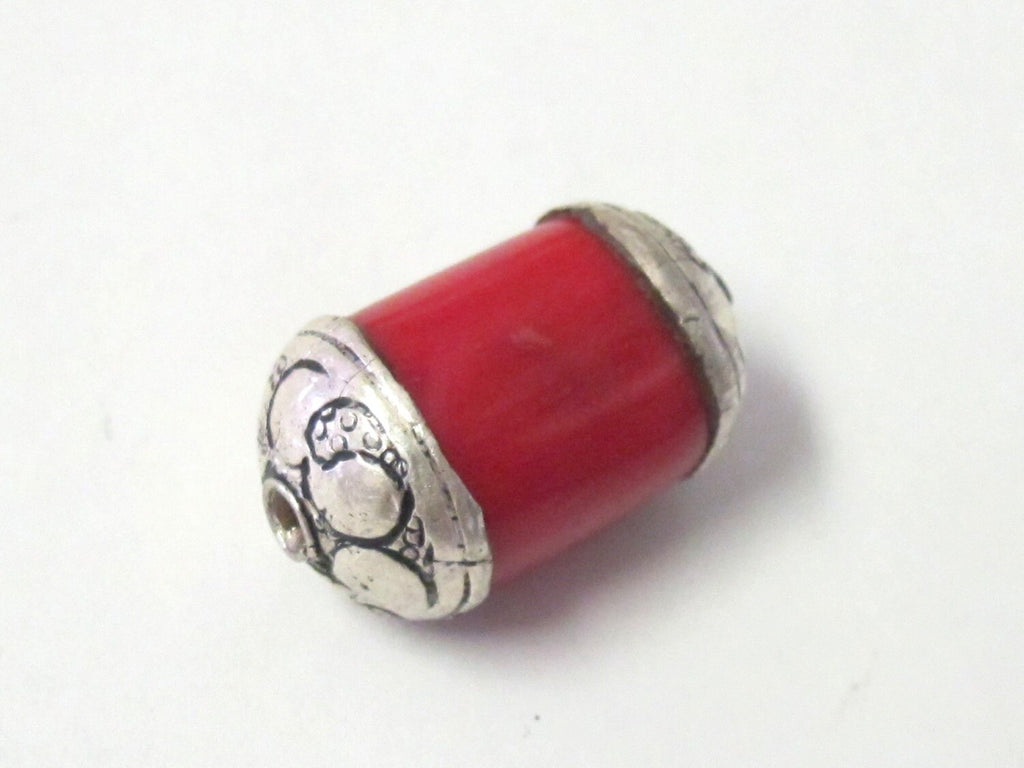 Red Tibetan dyed coral silver capped beads - 1 bead - BD323
