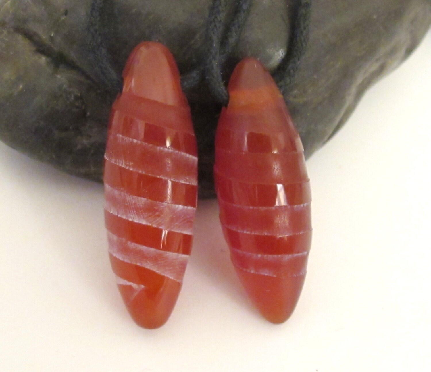 Marquise shape Spiral etched carnelian gemstone top hole drilled beads - 2 beads - BD163
