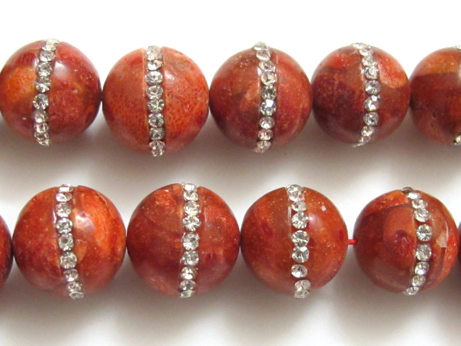 2 Beads - 14 mm large round shape coral beads inlaid with sparkly rhinestone crystals - gemstone beads nepalbeadshop GM135