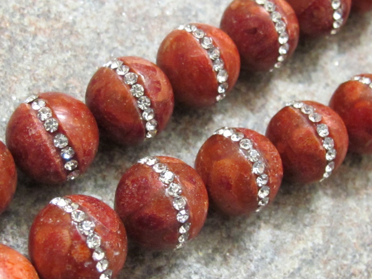 2 Beads - 14 mm large round shape coral beads inlaid with sparkly rhinestone crystals - gemstone beads nepalbeadshop GM135