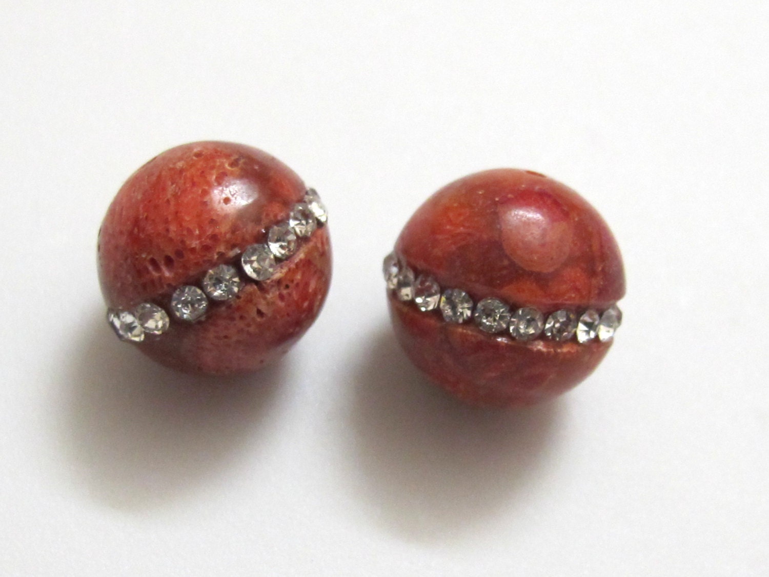 2 Beads - 14 mm large round shape coral beads inlaid with sparkly rhinestone crystals - gemstone beads nepalbeadshop GM135