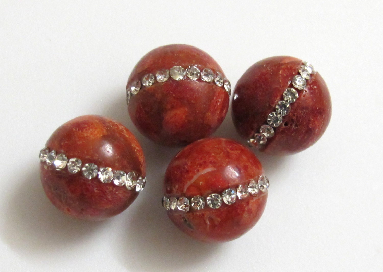 2 Beads - 14 mm large round shape coral beads inlaid with sparkly rhinestone crystals - gemstone beads nepalbeadshop GM135