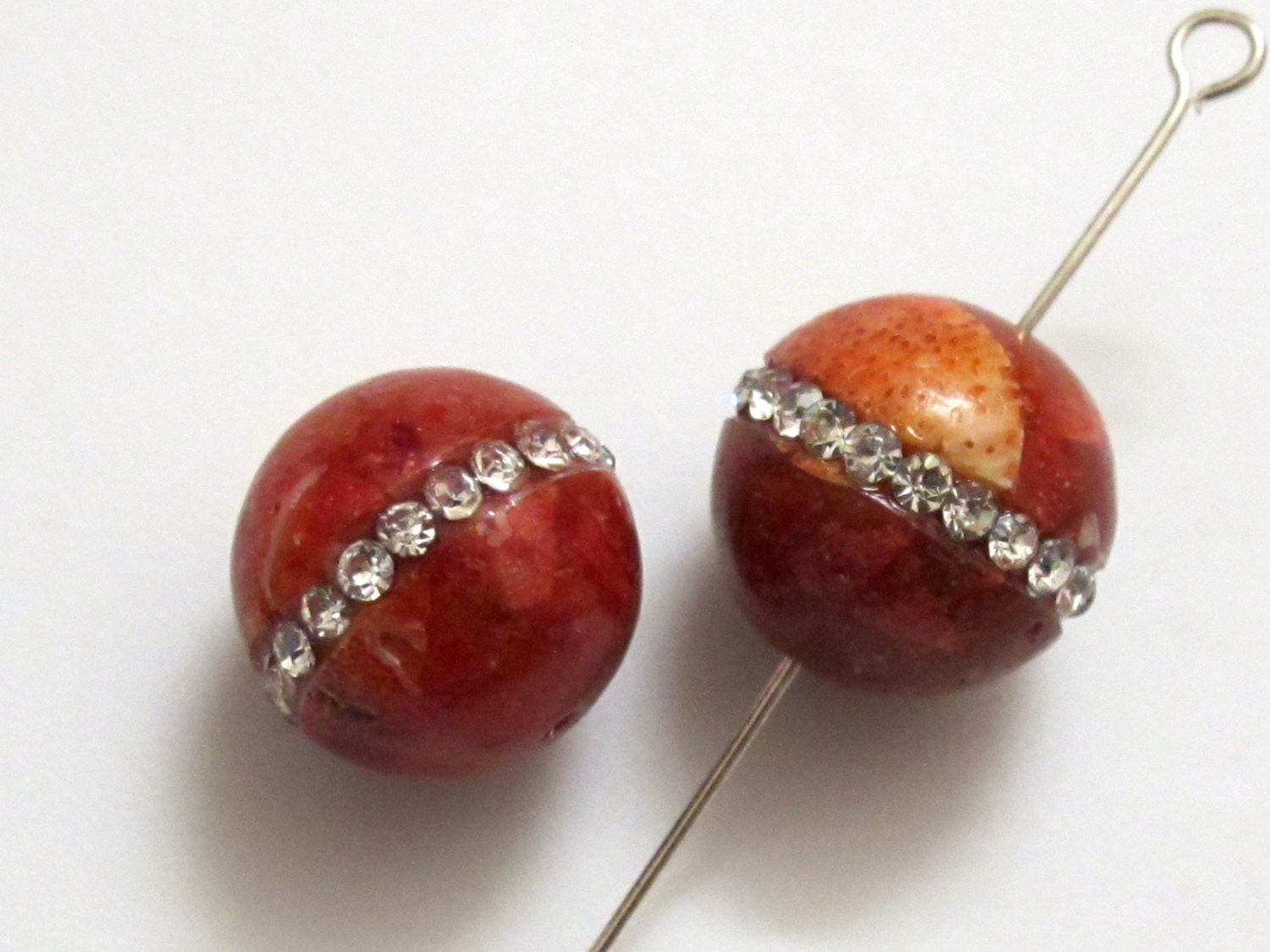 2 Beads - 14 mm large round shape coral beads inlaid with sparkly rhinestone crystals - gemstone beads nepalbeadshop GM135