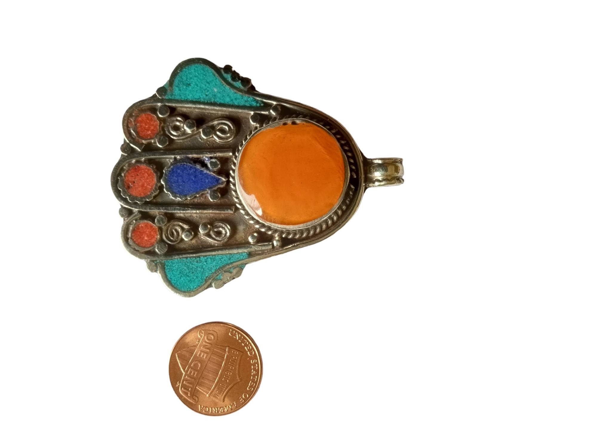 1 pendant - Beautiful Tibetan hamsa pendant with turquoise , lapis inlay hand pendant handcrafted Nepal - PM338A