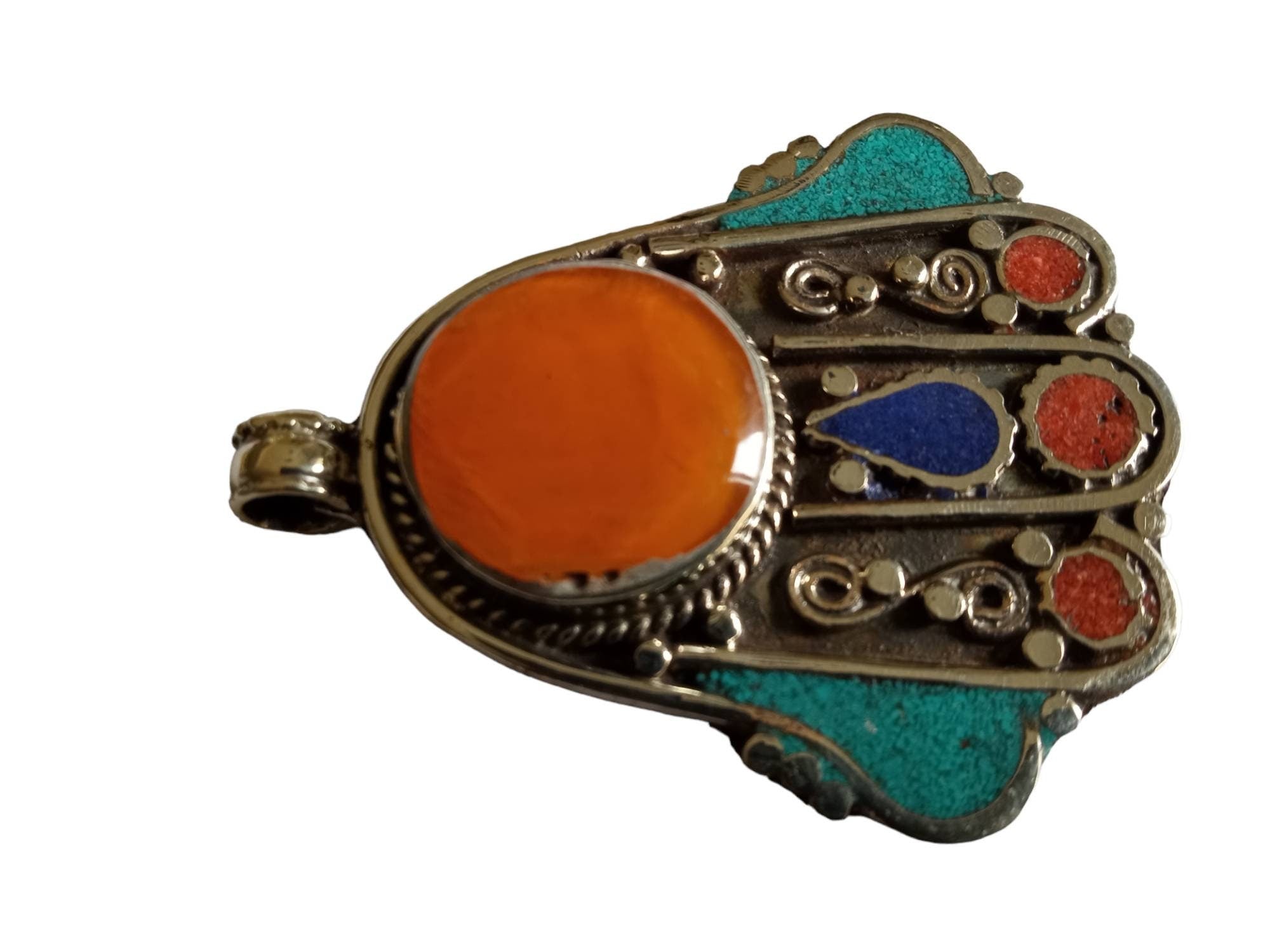 1 pendant - Beautiful Tibetan hamsa pendant with turquoise , lapis inlay hand pendant handcrafted Nepal - PM338A