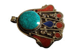 1 pendant - Beautiful Tibetan hamsa pendant with turquoise lapis inlay hand pendant handcrafted Nepal - PM338B