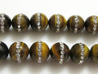 3 beads - Tigers eye Gemstone beads inlaid with rhinestone crystals - GM142