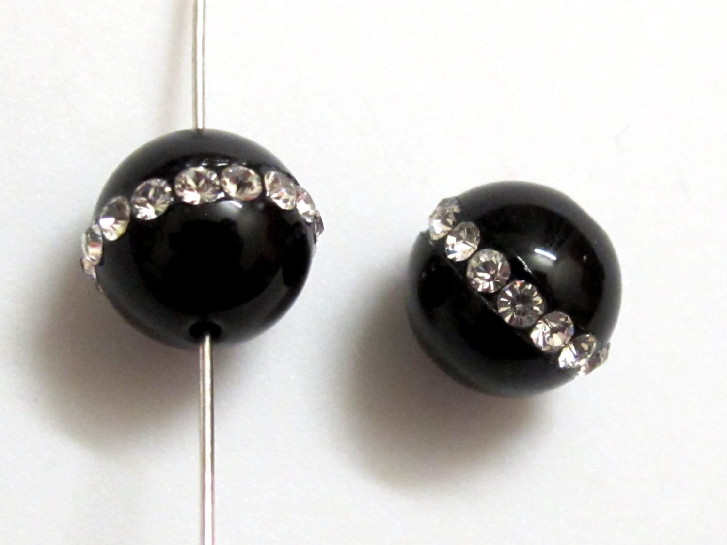 2 beads- Black Onyx Gemstone beads inlaid with rhinestone sparkling crystals - GM141