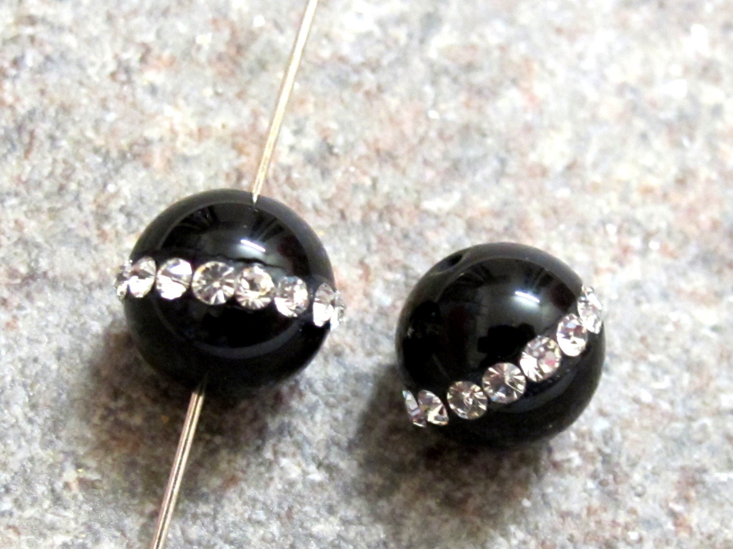 2 beads- Black Onyx Gemstone beads inlaid with rhinestone sparkling crystals - GM141