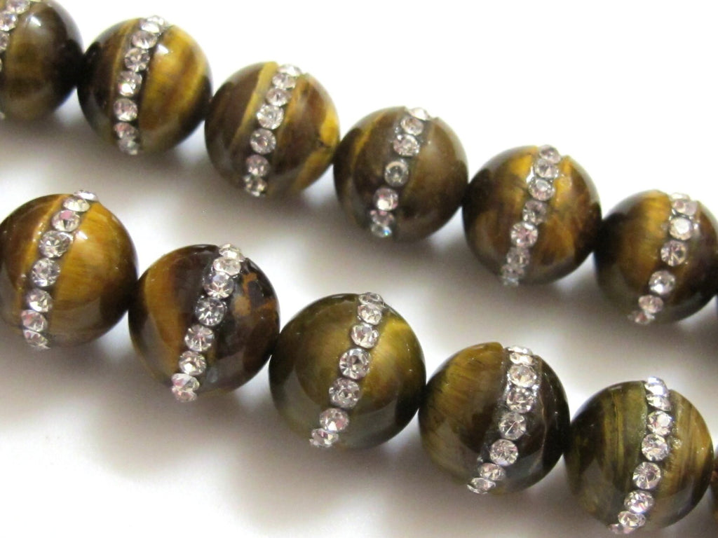 3 beads - Tigers eye Gemstone beads inlaid with rhinestone crystals - GM142