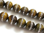 3 beads - Tigers eye Gemstone beads inlaid with rhinestone crystals - GM142