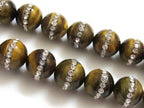 3 beads - Tigers eye Gemstone beads inlaid with rhinestone crystals - GM142