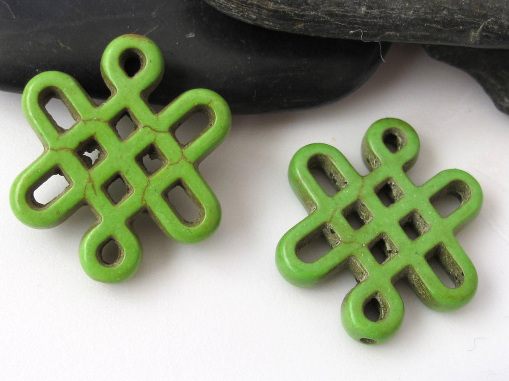 2 beads - Tibetan knot symbol magnesite beads - Green color - GM155