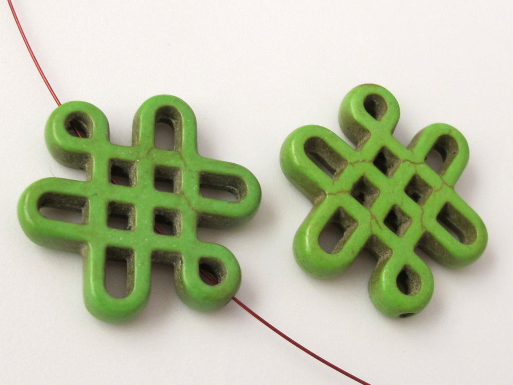 2 beads - Tibetan knot symbol magnesite beads - Green color - GM155