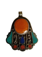1 pendant - Beautiful Tibetan hamsa pendant with turquoise , lapis inlay hand pendant handcrafted Nepal - PM338A