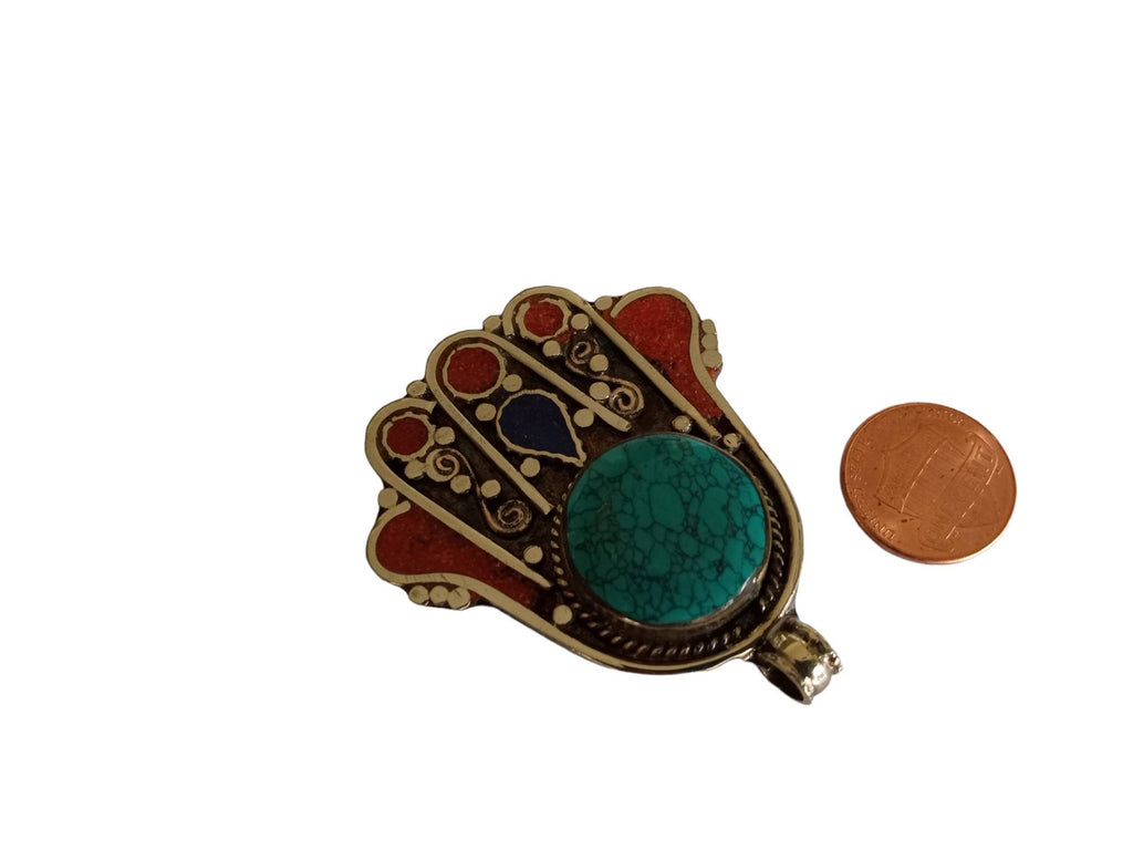 1 pendant - Beautiful Tibetan hamsa pendant with turquoise lapis inlay hand pendant handcrafted Nepal - PM338B
