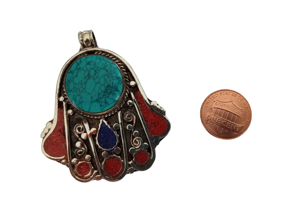 1 pendant - Beautiful Tibetan hamsa pendant with turquoise lapis inlay hand pendant handcrafted Nepal - PM338B