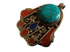 1 pendant - Beautiful Tibetan hamsa pendant with turquoise lapis inlay hand pendant handcrafted Nepal - PM338B