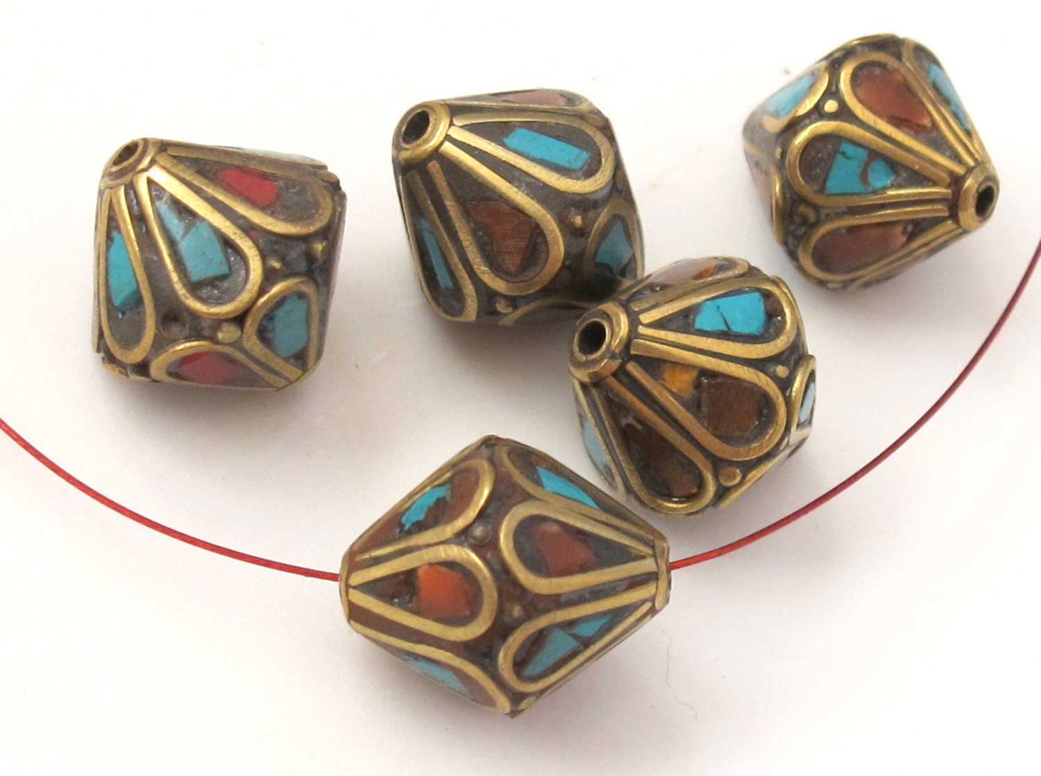 2 Beads - Thick Bicone shape brass beads from Nepal - BD361
