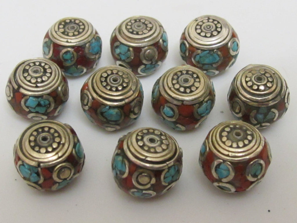 2 Beads -Beautiful LARGE and thick Tibetan brass beads thick rondelle shape with Oval turquoise circles - BD281