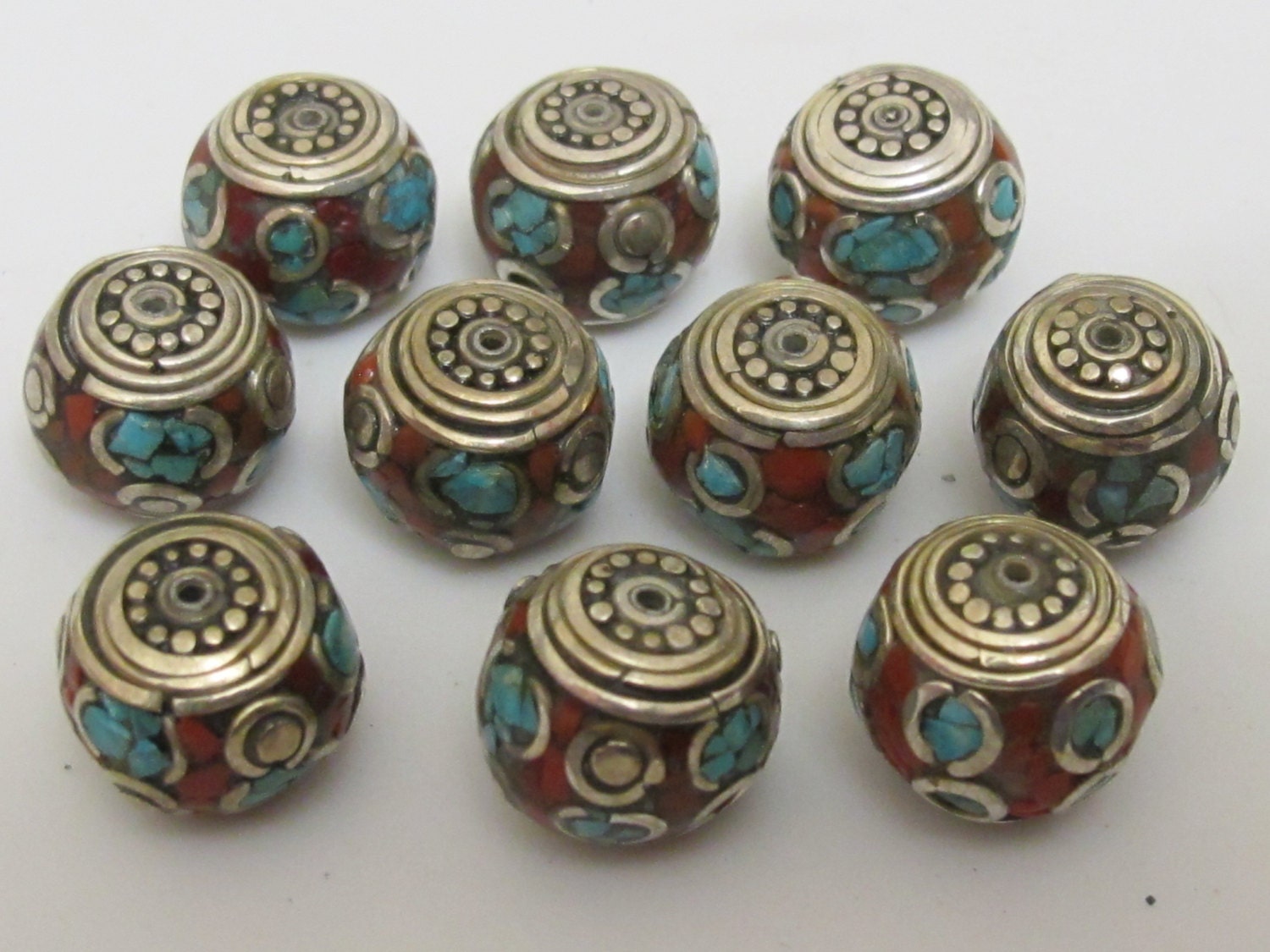 2 Beads -Beautiful LARGE and thick Tibetan brass beads thick rondelle shape with Oval turquoise circles - BD281