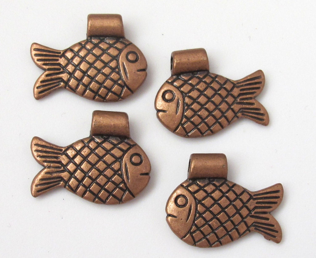 4 pieces - Dual sided Copper finish cute detailed fish design metal pendant charm beads - BD364