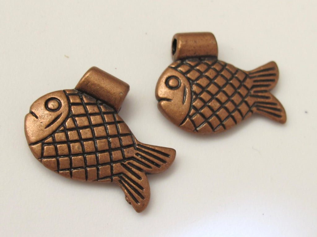 4 pieces - Dual sided Copper finish cute detailed fish design metal pendant charm beads - BD364
