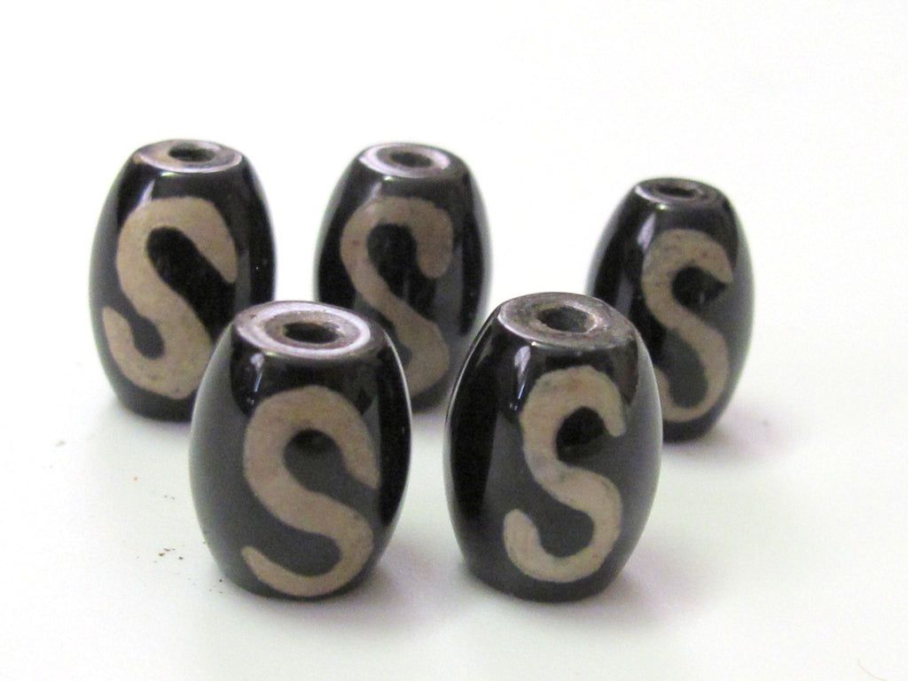 Tibetan etched agate carnelian dzi S- hook bead - GM195 - 2 beads