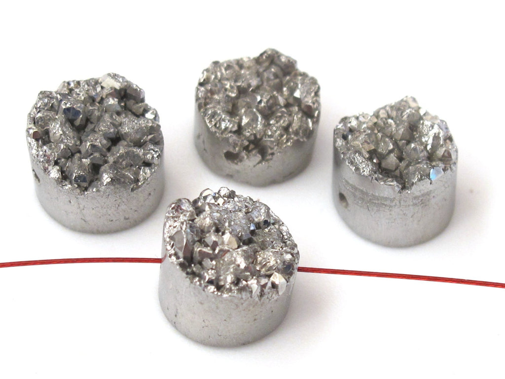 4 Beads - Small size Silver titanium quartz druzy agate geode oval gemstone beads - GM200