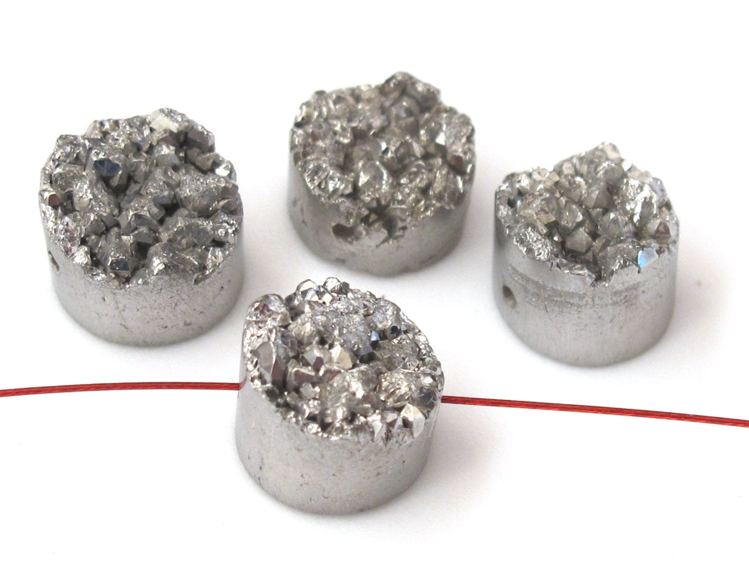 4 Beads - Small size Silver titanium quartz druzy agate geode oval gemstone beads - GM200
