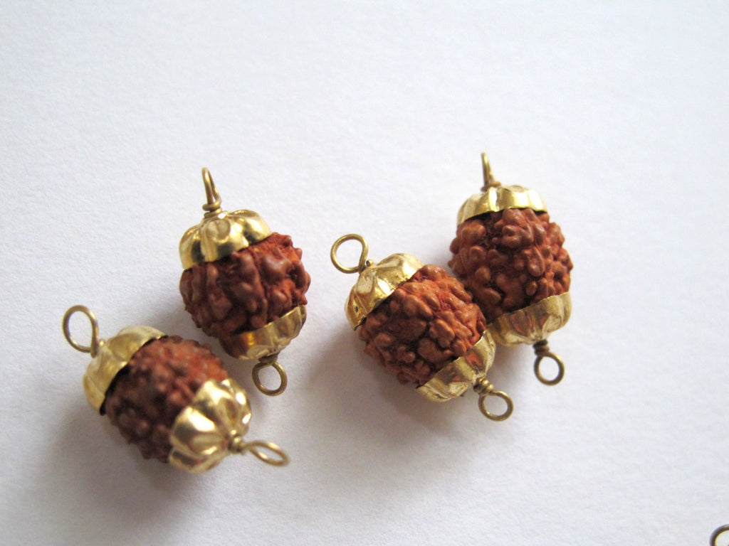 10 Beads-Natural Nepal Rudraksha seed brass capped connector beads - NB096