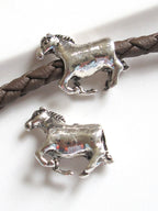 2 BEADS - Running horse - Large hole silver color metal horse bead - BD327