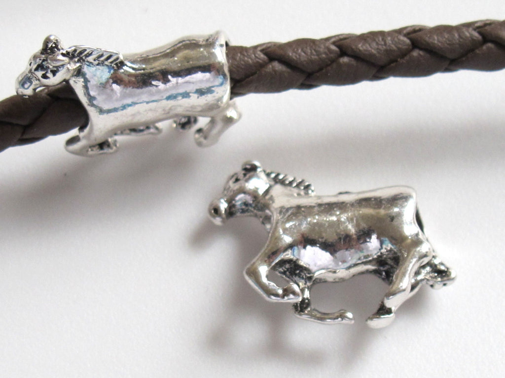 2 BEADS - Running horse - Large hole silver color metal horse bead - BD327