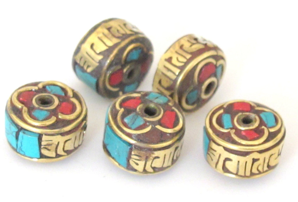 2 Beads - Tibetan beads Om mantra inscribed brass bead with turquoise inlay -Nepal beads supplies - BD390