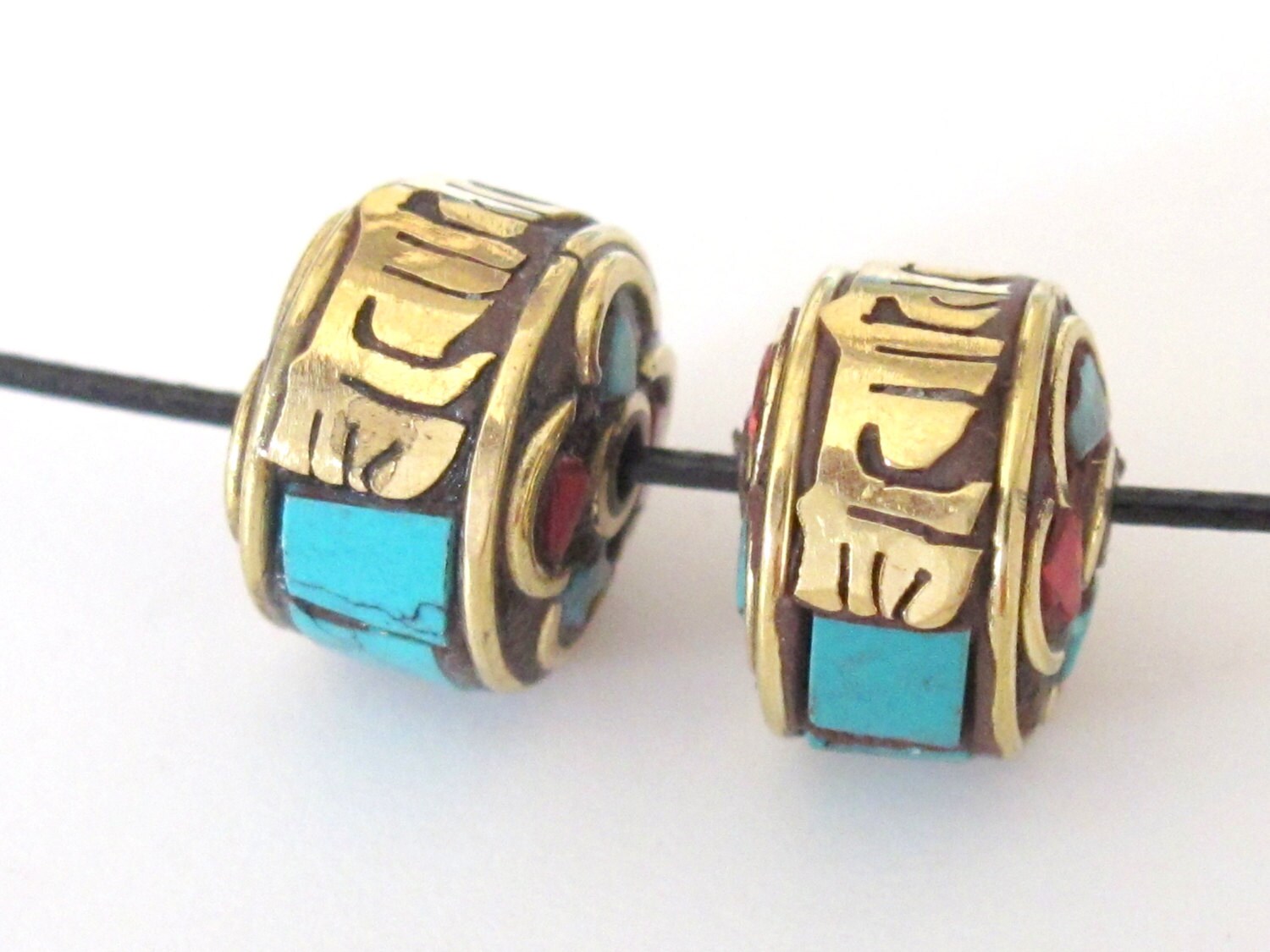 2 Beads - Tibetan beads Om mantra inscribed brass bead with turquoise inlay -Nepal beads supplies - BD390