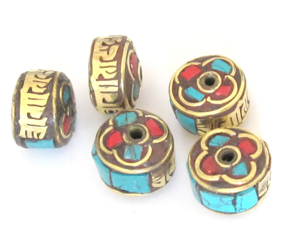 2 Beads - Tibetan beads Om mantra inscribed brass bead with turquoise inlay -Nepal beads supplies - BD390
