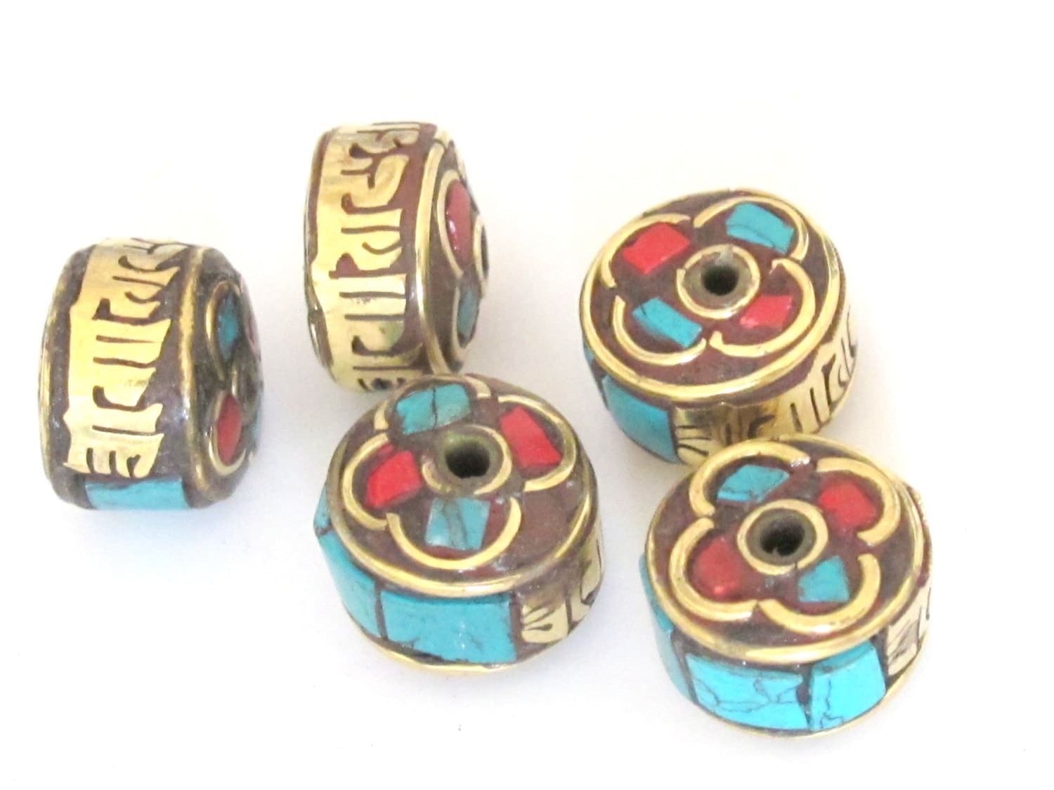 2 Beads - Tibetan beads Om mantra inscribed brass bead with turquoise inlay -Nepal beads supplies - BD390